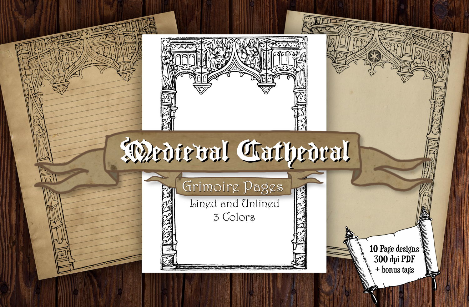 Medieval Cathedral Grimoire Page Pack Printable - Full Sized