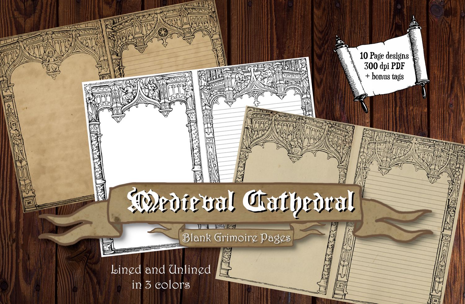 Medieval Cathedral Grimoire Page Pack Printable - Half Sized