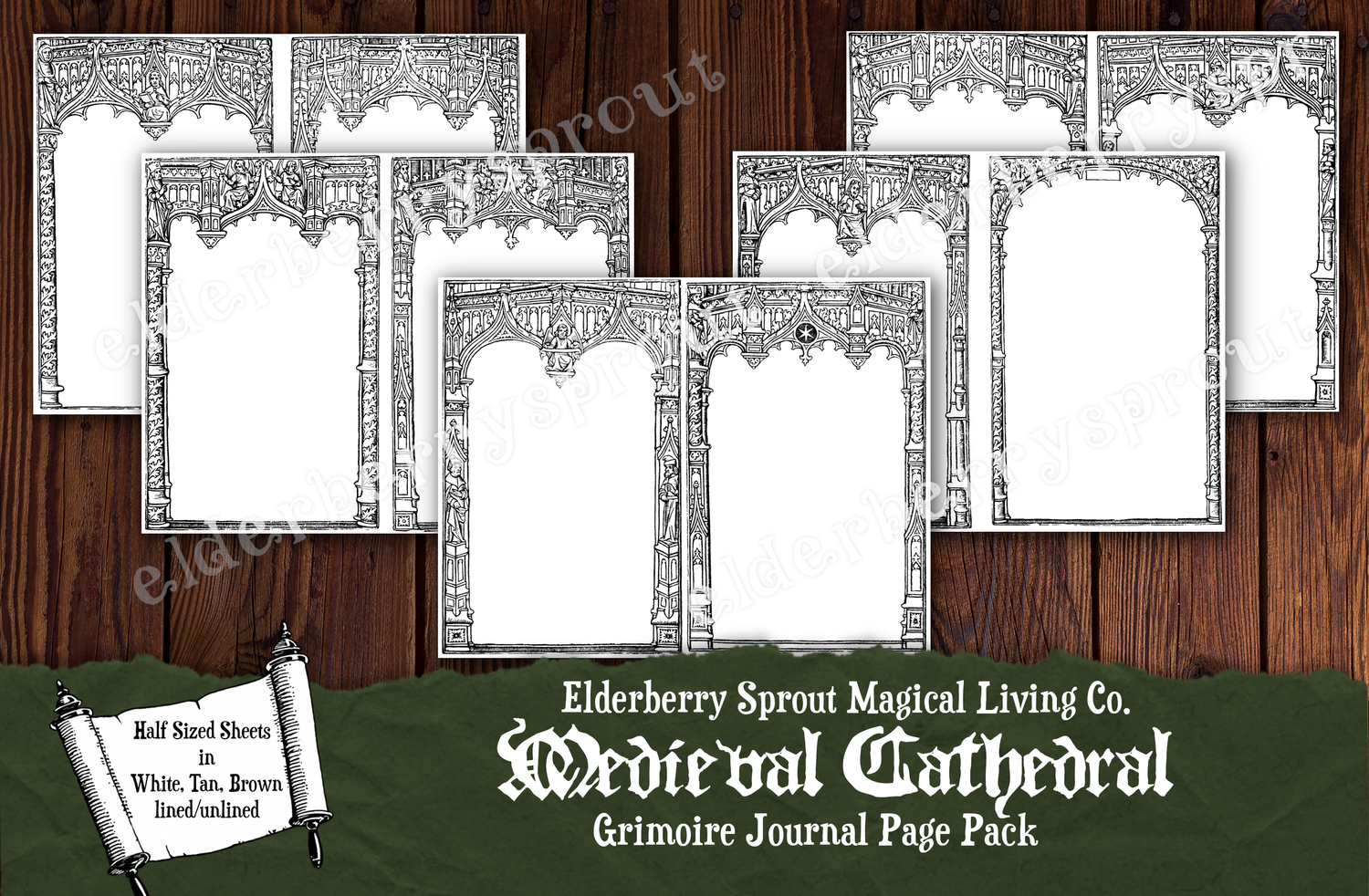 Medieval Cathedral Grimoire Page Pack Printable - Half Sized