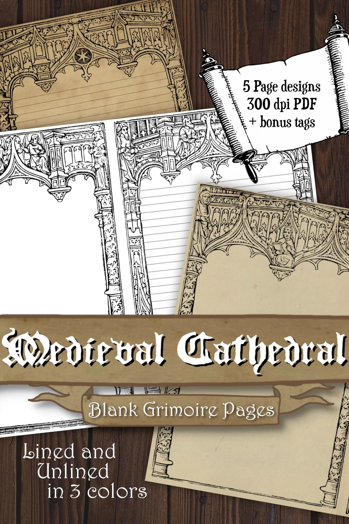Medieval Cathedral Grimoire Page Pack Printable - Half Sized