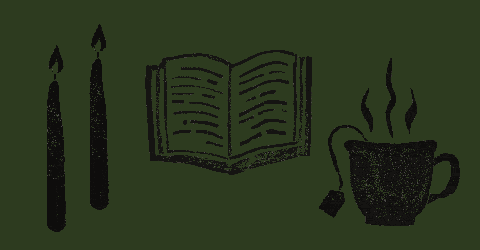 Stamp drawings of candles, a book, and a steaming mug