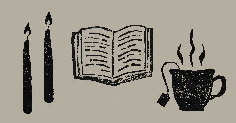 Stamp drawings of candles, a book, and a steaming mug